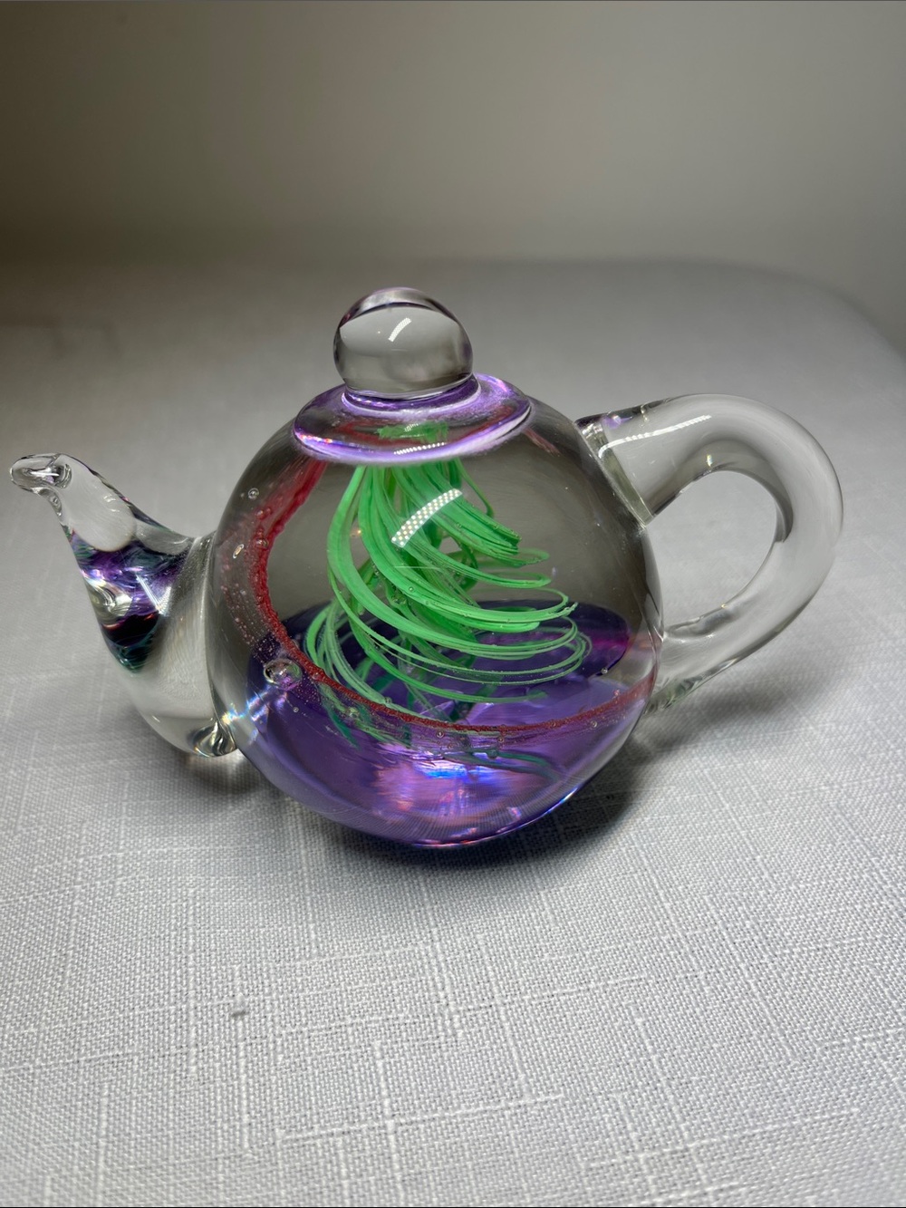 Vintage Handblown Glass Teapot paperweight Sculpture - Purple & Green